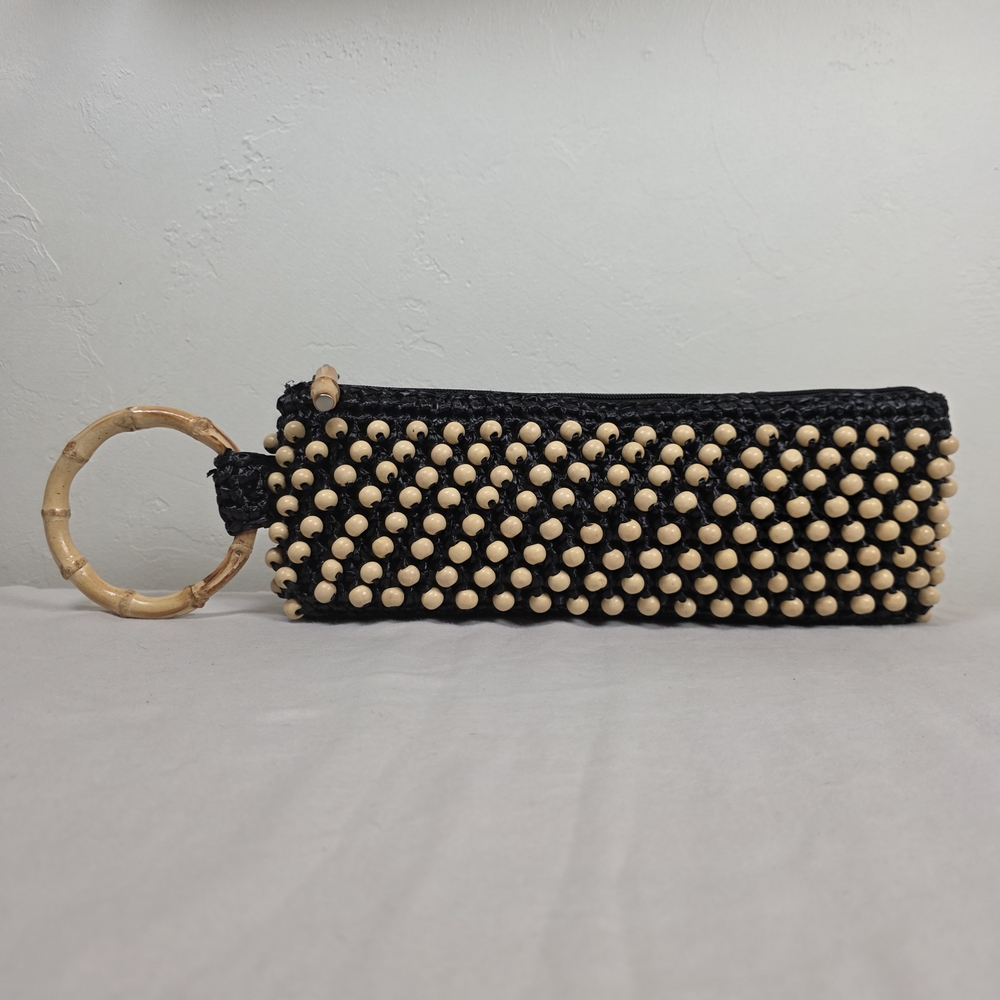 Coldwater Creek Black Clutch with Natural Wood Beads & Bamboo Wristlet